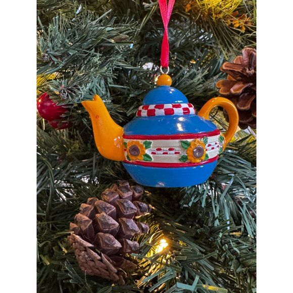 Mary Engelbreit Miniature Teapot Ornament Blue Yellow Sunflowers Flowers Christm - Picture 1 of 16